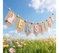 Haull Easter Burlap Banner Happy Easter Bunting Garland Bunny Banner Decoration with Pom Poms Felt Signs Rustic Spring Decor for Spring Birthday Egg Hunt Home Office School Party Supplies(Classic)
