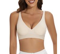 Haullps Wirefree Seamless Bra for Women Invisible Deep V Plunge Bra with Removeable Padding, Beige, L