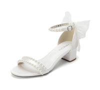HAULSA Women's Pearl Embellished Wedding Sandals, White Block Heel with Butterfly Bow, Ankle Strap Bridal Shoes,1.8 inches, Ivory White, 7 UK