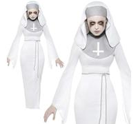 Smiffys Haunted Asylum Nun Costume, White with Dress, Belt & Headpiece, Halloween Adult Fancy Dress, Nun Dress Up Costumes