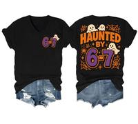 Haunted by 6-7 Shirt, Six Seven Meme T-Shirt, 6 7 Shirt, Graphic Tees for Men Women Short Sleeve Tops V-Neck Black