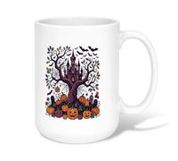 Haunted Castle Ceramic Coffee Mug, Fanciful Spooky Pumpkins Tree Halloween Orange Novelty Tea Cup with Handle Ideal for Friends Family Lovers Eldership Senior Co-worker 15 Oz