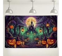 Haunted Castle Halloween Scene Jack-o'-Lanterns Backdrop Banner 71x43 Inch | Haunted Castle Landscape, Photo Backdrop, Glowing Witch Hat Pumpkins, Eerie Moonlit Forest, Dark Fantasy Scene