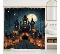 Haunted Castle Shower Curtain, Dark Blue Halloween Decor with Pumpkins and Bats, Spooky Gothic Bathroom Set for Fall, Waterproof Fabric with Hooks 72x72 Inch