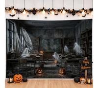 Haunted Classroom Halloween Scene Ghost Backdrop Banner 71x43 Inch | Gothic Classroom Setting, Photography Backdrop, Eerie Spectral Figures, Carved Pumpkins Accents, Weathered Desk Furniture