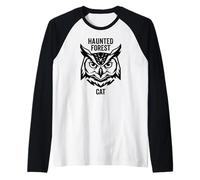Haunted Forest Cat Owl Graphic for Spooky and Halloween Raglan Baseball Tee