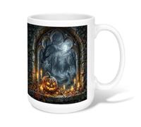 Haunted Forest Pumpkins Gothic Scene Halloween Ceramic Coffee Mug 15oz | Gothic Arch, Tea Cup, Haunted Forest, Eerie Ghosts, Jack-o'-lantern, Autumn Leaves, Spooky Atmosphere, Dark Fantasy