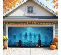 Haunted Ghosts Garage Door Cover, Spooky Blue Halloween Outdoor Decorations, Fall Party Backdrop for Indoor and Outdoor Use 157x71 Inch