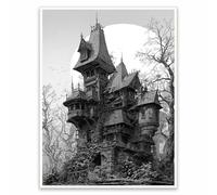 Haunted Gothic House Wall Art, Dark Fantasy Castle Illustration Print, Spooky Black and White Halloween Wall Decor for Bedroom 8x10in Unframed