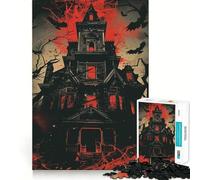 Haunted Gothic Mansion with Glowing Red Windows Jigsaw Puzzles for Teenagers 1000 Piece Brain Exercise DIY Fun Family Game Art Display (50x75cm)