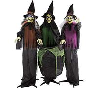 Haunted Hill Farm: 3 Poseable Witches with Cauldron, Light-Up Eyes & Sound, Indoor/Outdoor Halloween Animatronic