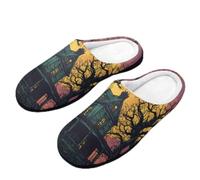 Haunted House And Moon House Slippers Ladies Cotton Sandals | Womens Size 7-12 Memory Foam Slides Closed Toe Slip On Shoes Indoor with Non Slip Rubber Sole