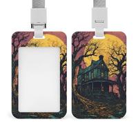 Haunted House and Moon ID Badge Holder Name Card Holders Photocard Case with Lanyard for Teacher Nurse Office