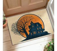 Haunted House Area Rug, Halloween Gothic Tree Moon Halloween Orange Low Pile Edge Binding Doormat Throw Rug Rectangle Bathroom Doorway Entryway Bedside Decor 2' x 3'