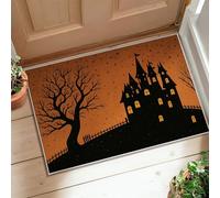 Haunted House Area Rug, Halloween Gothic Tree Stars Halloween Orange Non-Slip Backing Doormat Rectangle Print Accents Rug Entryway Bathroom Kitchen Doorway Decor 2' x 3'