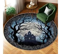 Haunted House Area Rug, Halloween Gothic Trees Spider Webs Halloween Black Low Pile Round Floor Carpets Edge Binding Rugs for Living Room Bedroom Classroom College Dorm Decor 6' X 6'