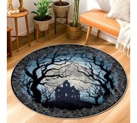 Haunted House Area Rug, Halloween Gothic Trees Spider Webs Halloween Black Non-Slip Backing Home Floor Doormat Circle Print Accents Rug Entryway Bathroom Laundry Room Decor 3' X 3'