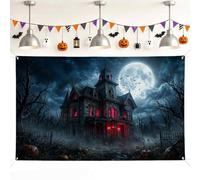 Haunted House Backdrop, Gothic Dark Moon Bats Halloween Black Background Banner for Home Room Wall Celebration Display Decor 71x43 Inch