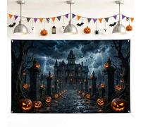 Haunted House Backdrop, Gothic Spooky Jack-o'-Lantern Stormy Skyline Halloween Black Photography Backdrop for Family Gathering Celebration Photo Shoot 71x43 Inch