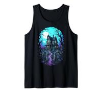 Haunted House Blood Moon Dark Aesthetic Woodcut Art Tank Top