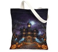 Haunted House Canvas Tote Bag, Gothic Fanciful Ghost Pumpkins Halloween Violet Everyday Tote Bag 13x15 Inch, Purple, 13x15 Inch