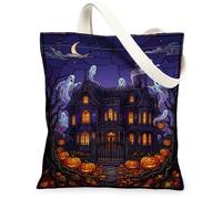 Haunted House Canvas Tote Bag, Spooky Gothic Ghosts Jack-o'-lanterns Halloween Violet Small Tote Bag 13x15 Inch, Purple, 13x15 Inch