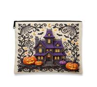 Haunted House Canvas with Zipper, Fanciful Spooky Pumpkins Bats Halloween Violet Portable with Zipper Small Toiletry Bag for Travel, Bathroom, Vanity Organizer and Purse Storage, Purple, 7x9 Inch