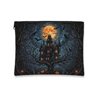 Haunted House Canvas with Zipper, Gothic Spooky Bats Full Moon Halloween Black Canvas with Zipper Mini Makeup Bag for Travel, Purse, Bathroom, Vanity and Daily Storage, Black, 7x9 Inch, Gothic