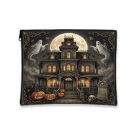 Haunted House Canvas with Zipper, Halloween Spooky Ghosts Pumpkins Halloween Black Portable with Zipper Travel Makeup Bag for Travel, Bathroom, Vanity Organizer and Purse Storage 7x9 Inch