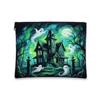 Haunted House Canvas with Zipper, Spooky Eerie Ghosts Trees Halloween Green Canvas with Zipper Cosmetic Bag for Purse for Travel, Purse, Bathroom, Vanity and Daily Storage, Green, 7x9 Inch, Spooky