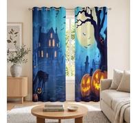 Haunted House Full Moon Pumpkin Blackout Curtains | Dark Cartoon Halloween Blackout Curtains for Living Room, Deep Blue Curtain 90 Inch 2 Panels Set, Grommet Top Drapes for Party W66 x L90 Inch