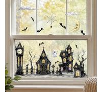 Haunted House Halloween Window Clings Spooky Wall Decals Holiday Stickers | Static double-sided Halloween window clings featuring haunted castles, a gothic church, and a spooky skull moon scenery.