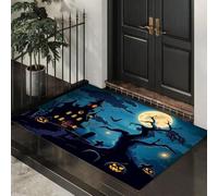 Haunted House In The Cemetery Door Mats Indoor, 60 x 90 cm Machine Washable Soft Doormats, Dirt Trapper Terror Tree And Pumpkin Door Mat, Super Absorbent Entrance Rug, Non-slip Floor Mats, Blue-Green
