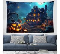 Haunted House Lanterns Pumpkins Tapestry Aesthetic Halloween Wall Hanging, Green Horror Theme Tapestries, Fantasy Road Tapestry Wall Art Cloth Decor For Bedroom Living Room 180×230cm