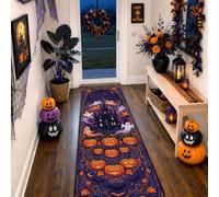 Haunted House Runner Rug, Fanciful Festive Ghosts Pumpkins Halloween Violet Low Pile Sponge Edge Binding Home Rectangle Carpet for Kitchen Laundry Room Doorway Entryway Decor 2x6 Ft