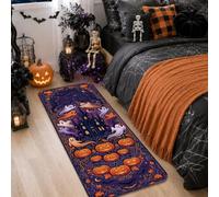 Haunted House Runner Rug, Fanciful Festive Ghosts Pumpkins Halloween Violet Non-Slip Indoor Rectangle Carpet Non Shedding for Kitchen Entryway Bedside Doorway Hallway Decor 2x5 Ft