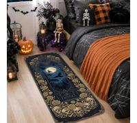 Haunted House Runner Rug, Fanciful Gothic Pumpkins Moon Halloween Navy Low Pile Sponge Soft Rectangle Carpet Stain Resistant for Kitchen Hallway Laundry Room Entryway Decor 2x5 Ft