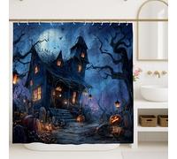 Haunted House Shower Curtain, Dark Blue Halloween Decor with Spooky Pumpkin and Ghost Elements, Autumn Gothic Style Bathroom Accessory, Waterproof Fabric with Hooks 72x84 Inch