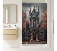 Haunted House Shower Curtain, Dark Gray Spooky Halloween Bathroom Decor, Autumn Rustic Gothic Waterproof Fabric Shower Curtain with Hooks 36x72 Inch