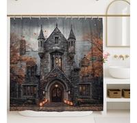 Haunted House Shower Curtain, Dark Gray Spooky Halloween Bathroom Decor, Autumn Rustic Gothic Waterproof Fabric Shower Curtain with Hooks 72x78 Inch