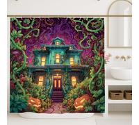 Haunted House Shower Curtain, Spooky Green Violet Halloween Decor, Fall Autumn Fanciful Water Resistant Fabric Shower Curtain with Hooks 62x72 Inch