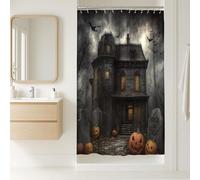 Haunted House Shower Curtain, Spooky Halloween Decor with Pumpkins and Bats, Dark Gothic Style Waterproof Fabric Bathroom Curtain with Hooks 36x72 Inch