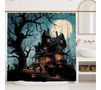Haunted House Shower Curtain, Spooky Night Halloween Bathroom Decor, Dark Blue with Orange Gothic Waterproof Fabric Shower Curtain with Hooks 72x84 Inch