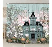 Haunted House Shower Curtain, Vintage Turquoise Black Gothic Halloween Bathroom Decor, Autumn Spooky Modern Art Waterproof Fabric Shower Curtain with Hooks 108x72 Inch