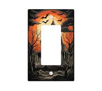 Haunted House Switch Cover Plate Orange Black Halloween Pattern for Spooky Wall Accents, Thermoplastic Standard Size Single Rocker