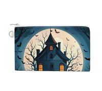 Haunted House Tree Witch Halloween Purse Zipper Change Purse, Coin Purse for Outdoor, Canvas Thin Pocket Travel Wallets Women Man Clutch Bag for Coin Cards Keys (7.4x 4.6 Inches)