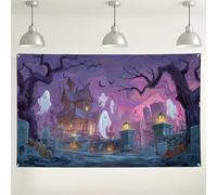 Haunted House Wall Backdrop, Spooky Ghosts and Bats Halloween Decorations, Creepy Party Background for Photography Events, Fall Festival Supplies 71x43 Inch