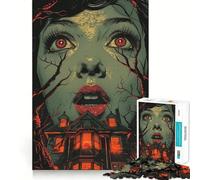 Haunted House with Terrified Woman And Glowing Eyes Jigsaw Puzzles for Teenagers 1000 Brain Think Precise Cut Real Challenge Art Piece (38x52cm)