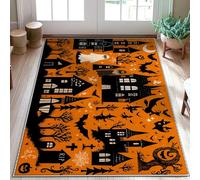 Haunted Houses Area Rug, Halloween Spooky Bats Ghosts Halloween Orange Low Pile Doormat Accents Rug Fade Resistant Bathroom Laundry Room Kitchen Entryway Decor 3' X 5'