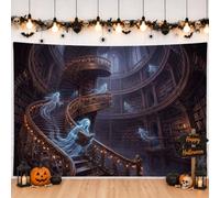 Haunted Library Gothic Theme Halloween Backdrop Banner 71x43 Inch | Swirl Staircase, Photo Backdrop, Ethereal Spirits, Gothic Architecture, Scholarly Gothic Aesthetic, Haunted Library Theme
